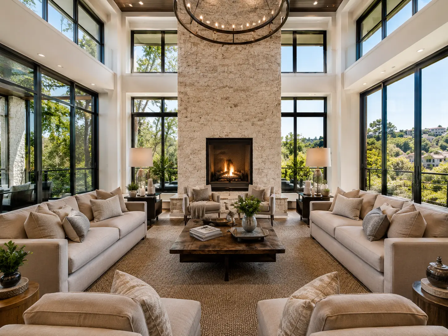 Sunlit living room of a Pacific Northwest luxury home