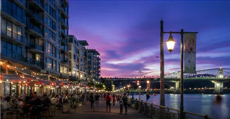 Vancouver Waterfront promenade and riverfront skyline