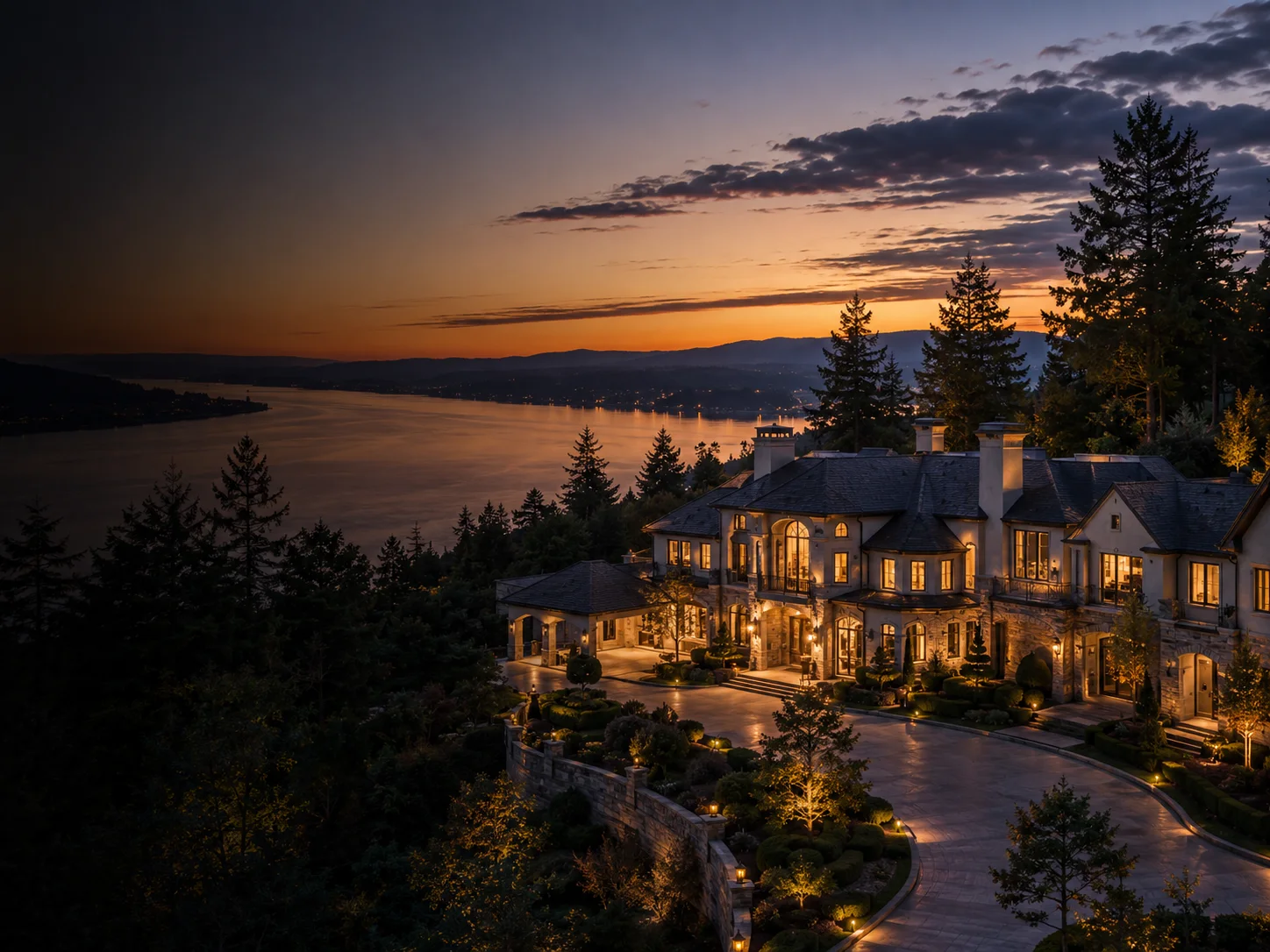Luxury Columbia River estate at sunset