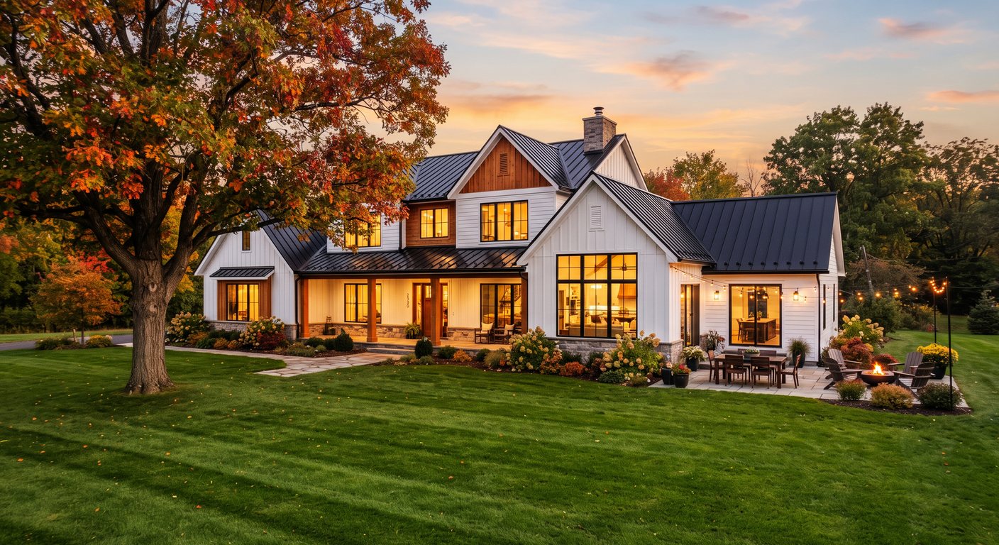 Modern luxury farmhouse at twilight with a wide lawn in a Pacific Northwest setting
