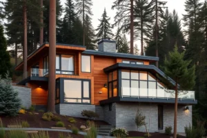 Two-story contemporary Pacific Northwest hillside home among tall evergreens at dusk