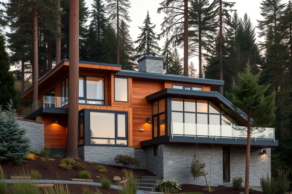 Two-story contemporary Pacific Northwest hillside home among tall evergreens at dusk