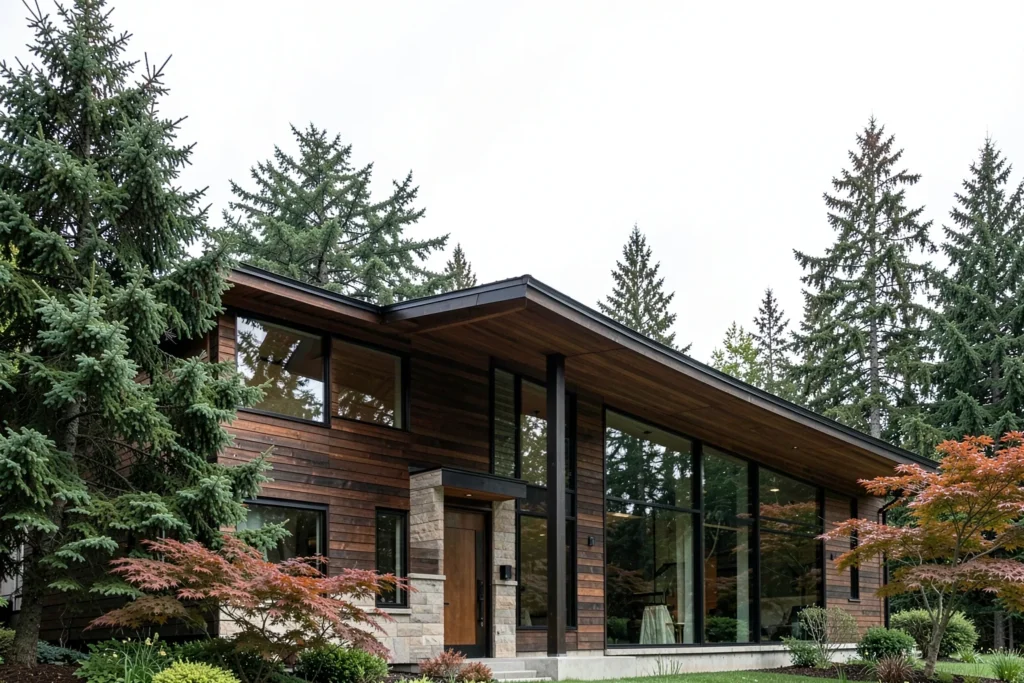 Modern Pacific Northwest luxury home with wood and stone exterior and floor-to-ceiling windows, representing a Clark County home purchase