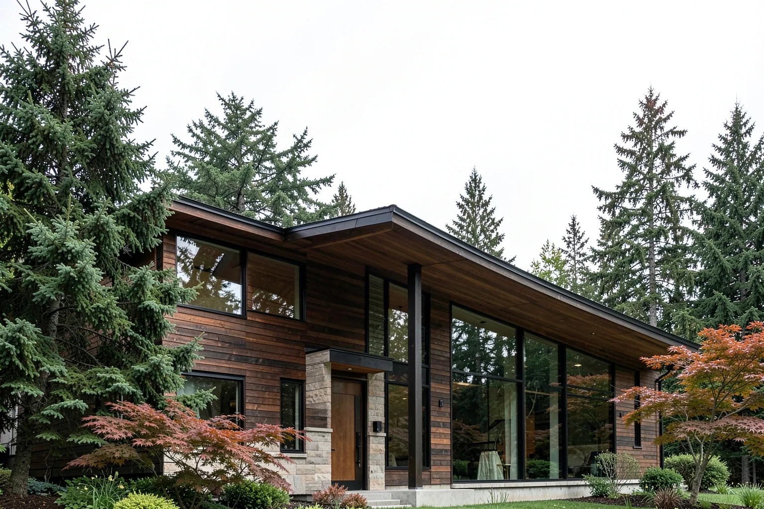 Modern Pacific Northwest luxury home with wood and stone exterior and floor-to-ceiling windows, representing a Clark County home purchase