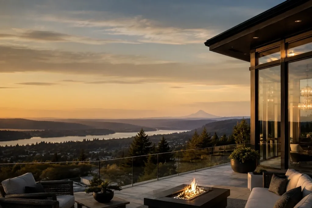 Luxury terrace with a sunset view in the Pacific Northwest
