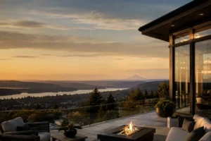 Luxury terrace with a sunset view in the Pacific Northwest