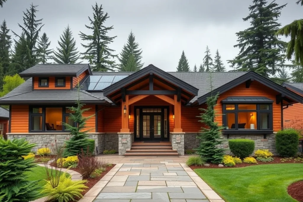 Inviting contemporary Pacific Northwest home with stone entry and evergreen landscaping