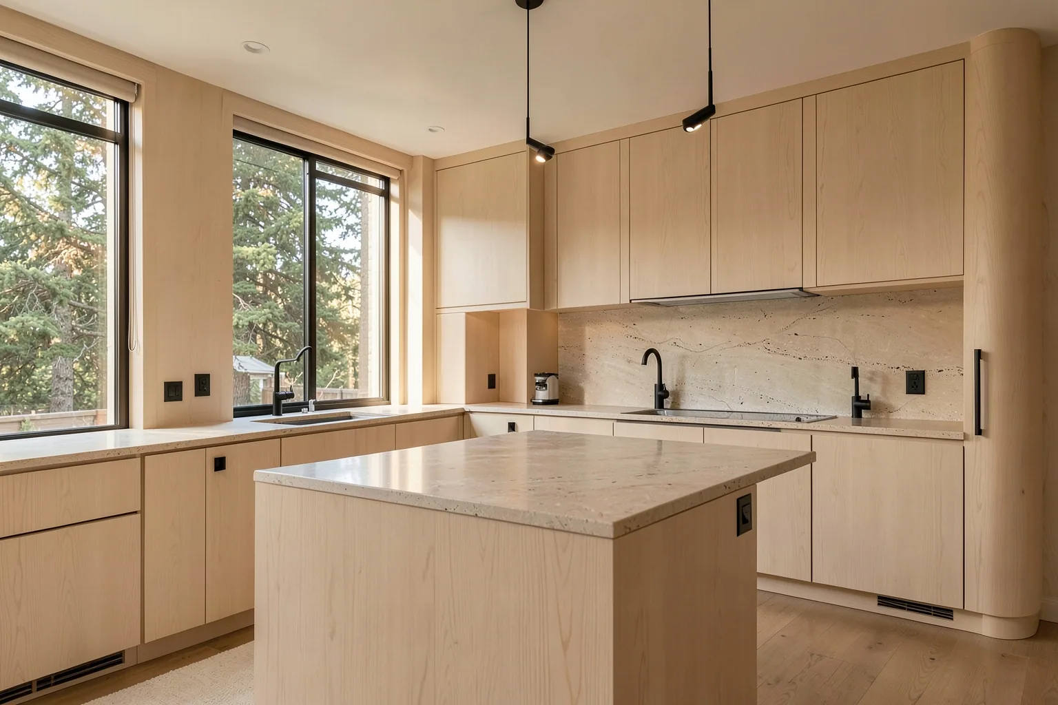 Refined Pacific Northwest luxury kitchen with white oak cabinetry and a natural stone island