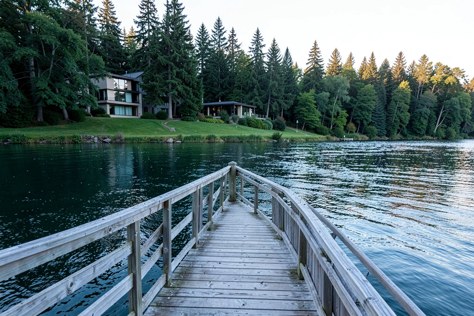 A private wooden dock extending into a calm Pacific Northwest river, with an upscale contemporary home and lawn among evergreens on the shore