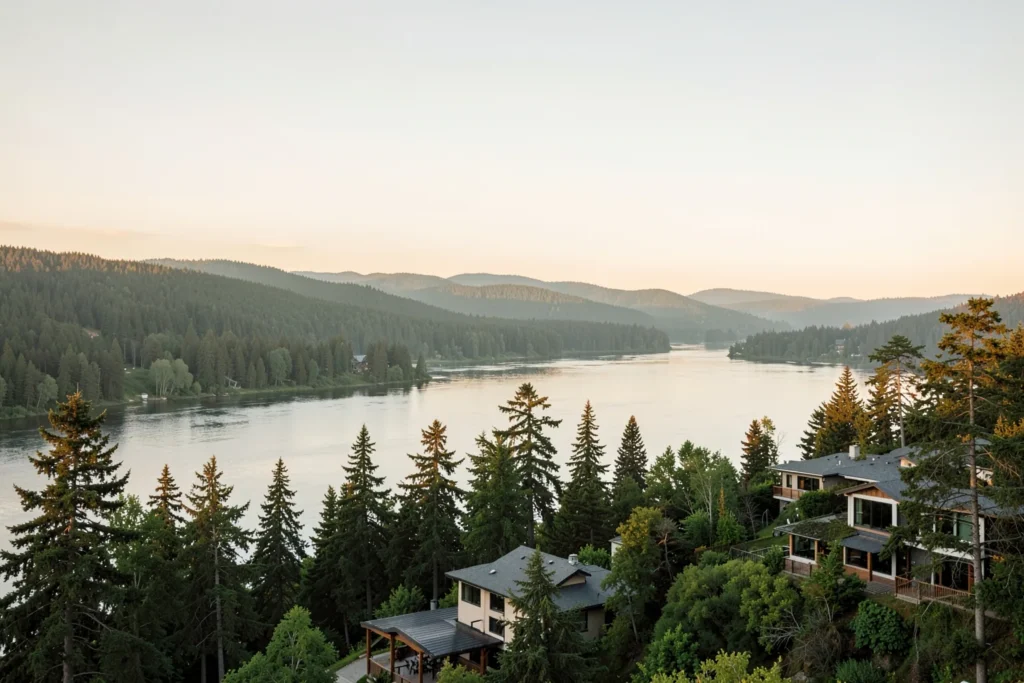 Elevated view of a broad calm river in the Pacific Northwest at golden hour, with upscale contemporary homes set among evergreens on a forested bluff