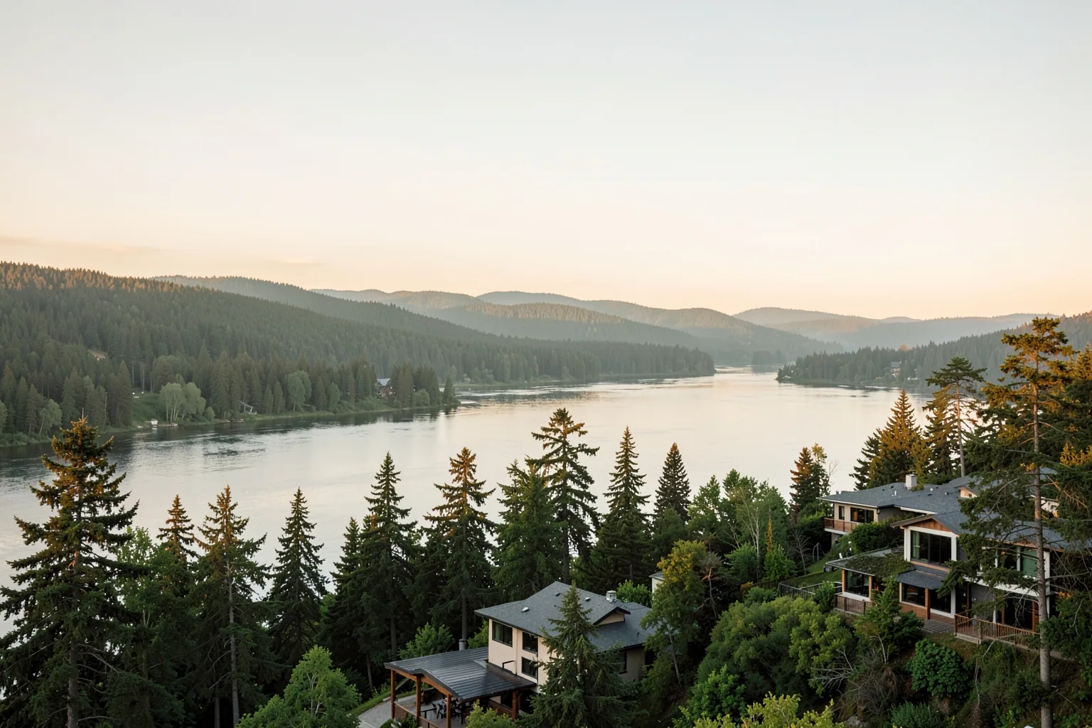 Elevated view of a broad calm river in the Pacific Northwest at golden hour, with upscale contemporary homes set among evergreens on a forested bluff