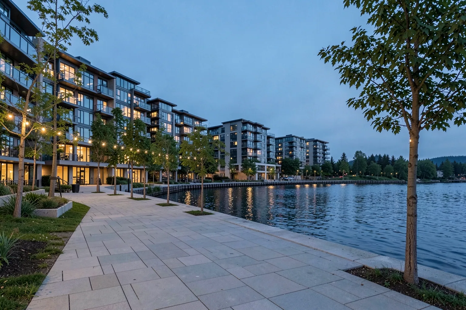 Modern riverfront condominium buildings and a landscaped public promenade beside a calm Pacific Northwest river at dusk