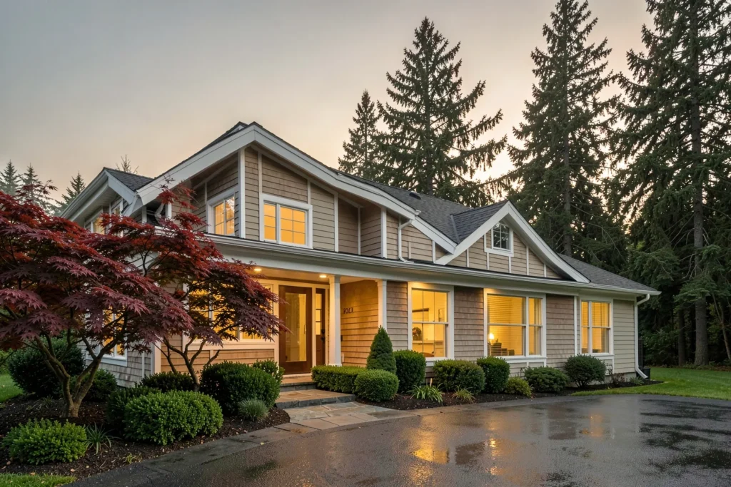 Warmly lit contemporary Pacific Northwest home at dusk with cedar-shingle siding, a Japanese maple, and manicured evergreen landscaping