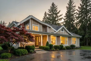 Warmly lit contemporary Pacific Northwest home at dusk with cedar-shingle siding, a Japanese maple, and manicured evergreen landscaping