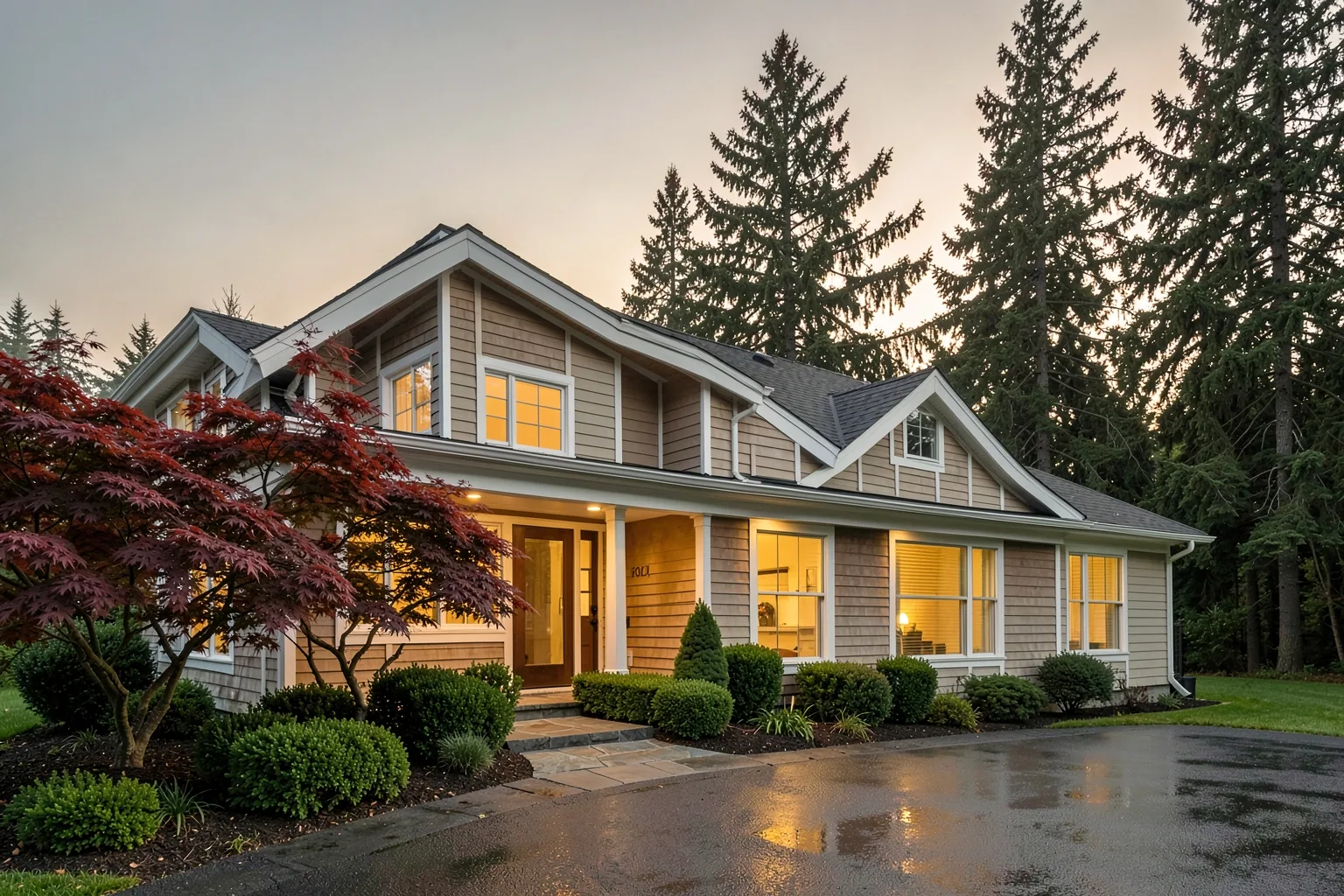 Warmly lit contemporary Pacific Northwest home at dusk with cedar-shingle siding, a Japanese maple, and manicured evergreen landscaping