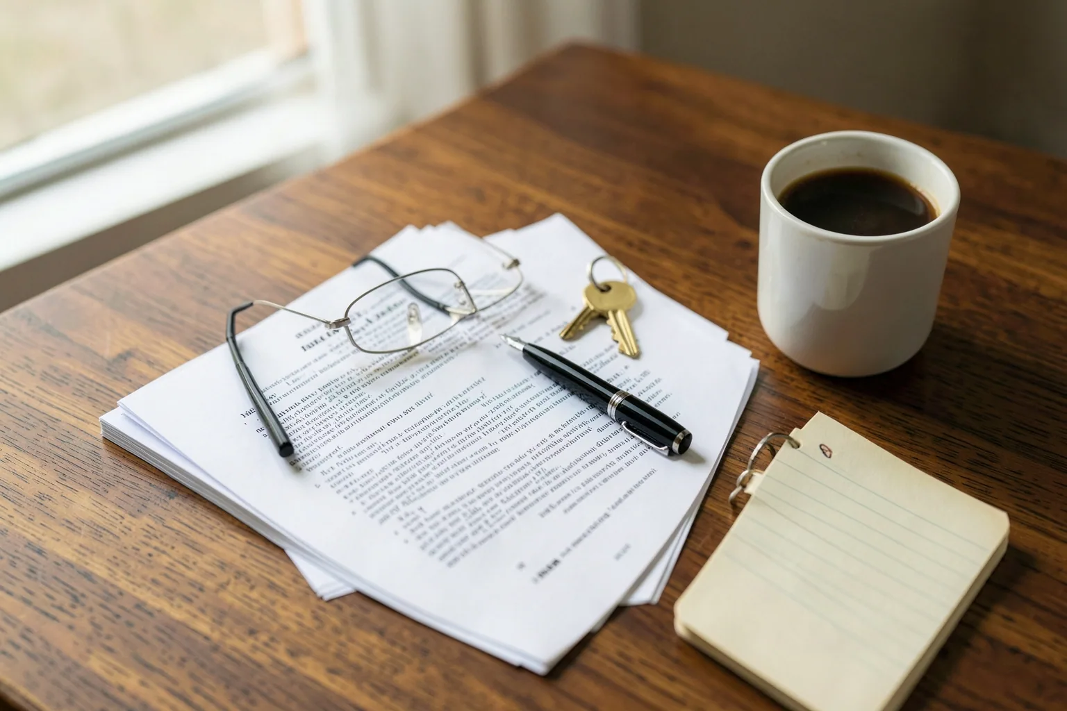 Home purchase offer documents, reading glasses, a pen and house keys on a wood table