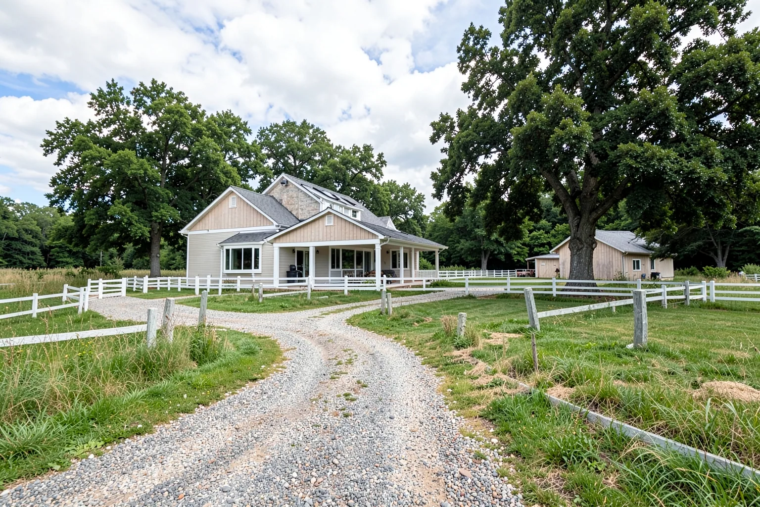 Representative rural Pacific Northwest acreage property with a modern farmhouse, white fencing and an outbuilding