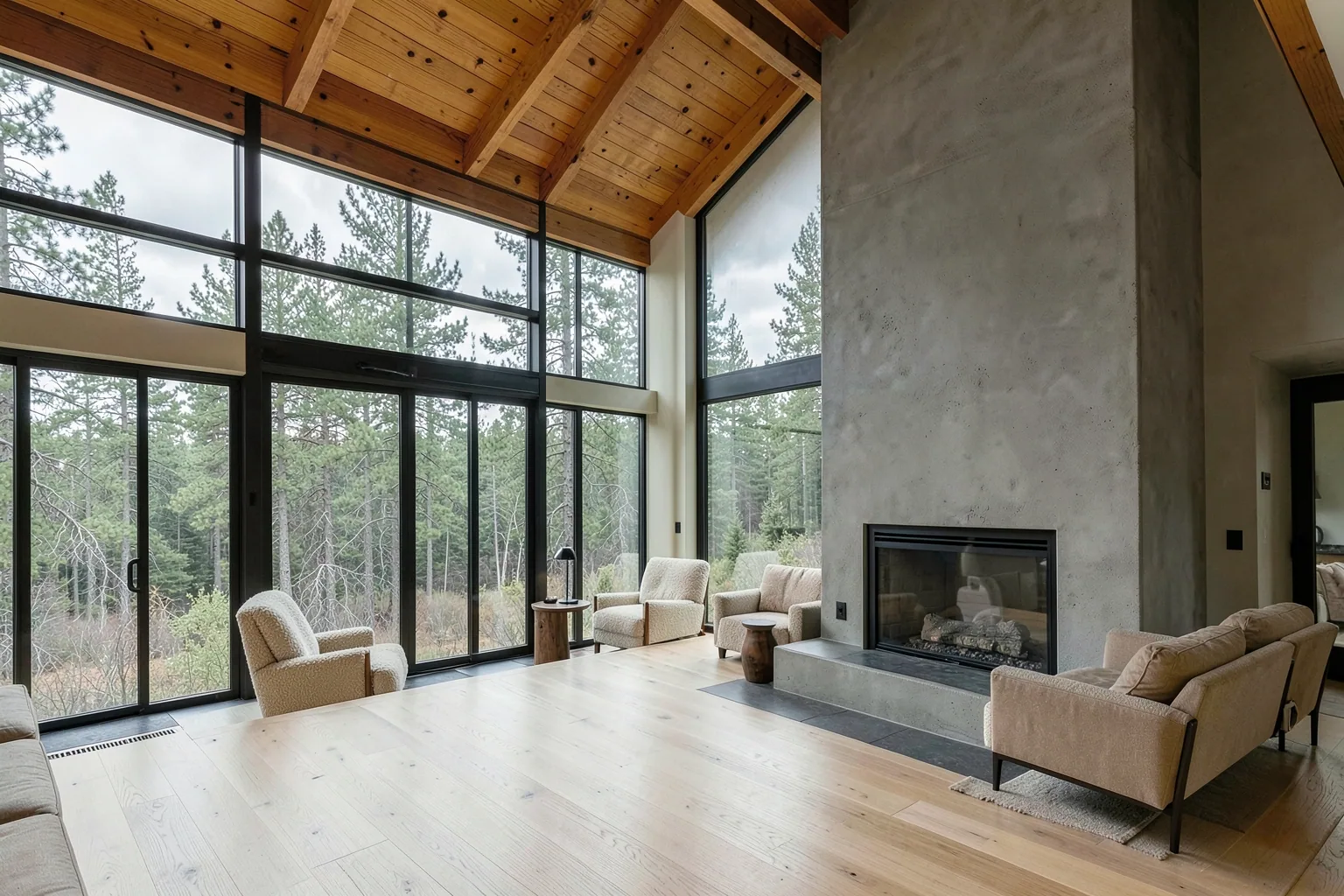 Double-height Pacific Northwest living space with exposed glulam beams, steel-framed glazing facing Douglas fir forest, board-formed concrete fireplace and white oak floors