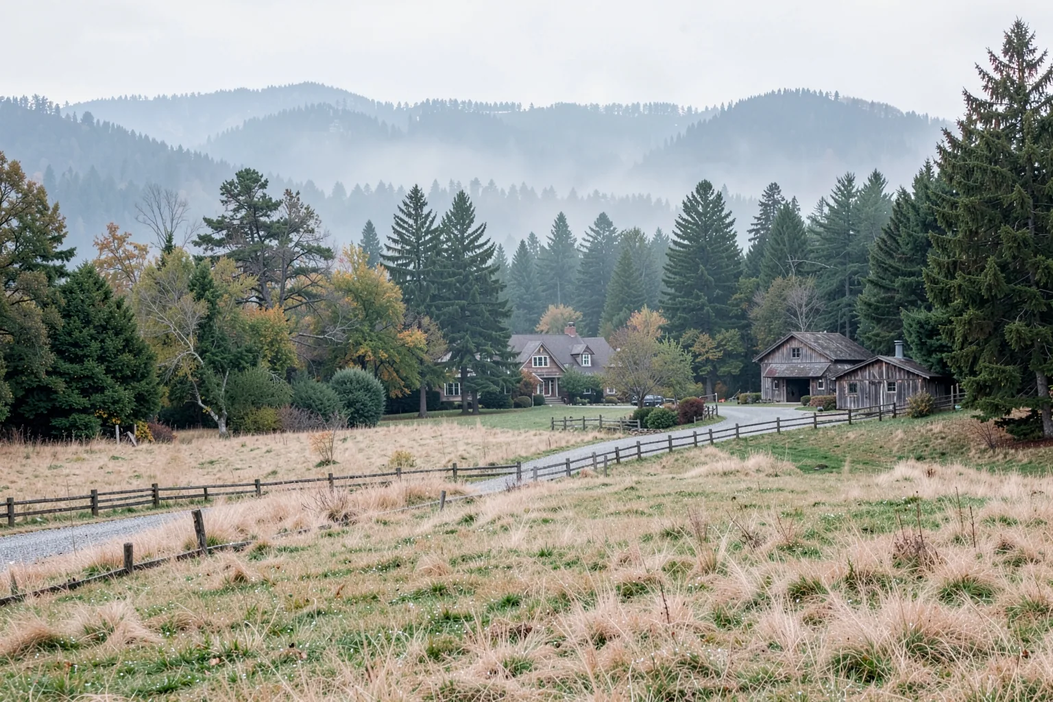 Private acreage estate in Southwest Washington seen across a meadow at dawn, with gravel drive, split-rail fencing, timber shop building and Douglas fir screening under river-valley fog