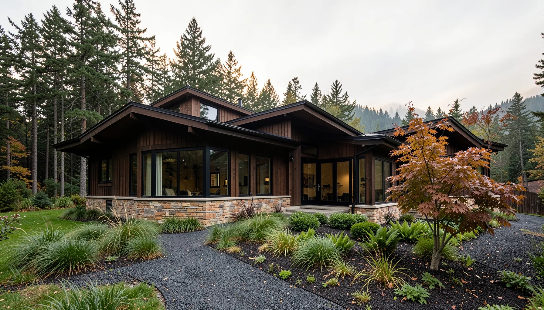 Contemporary cedar-and-stone luxury home at a Douglas fir forest edge in Southwest Washington, with vine maple turning amber under overcast early-autumn light