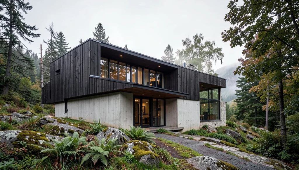 Architect-designed contemporary cedar and board-formed concrete residence on a sloped Pacific Northwest site surrounded by Douglas fir and native ferns